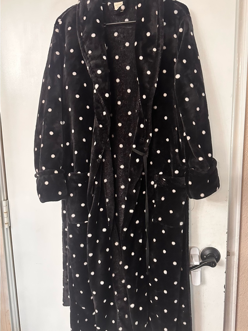 Sonoma Black Polka Dot Plush Long Robe - Women's Black with White Dots